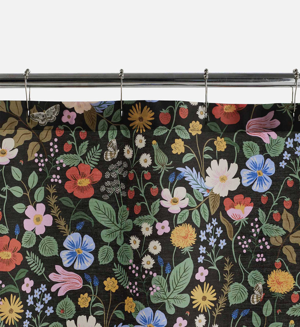 Cloverpaperco™ - Percale Shower Curtain - Strawberry Fields Black