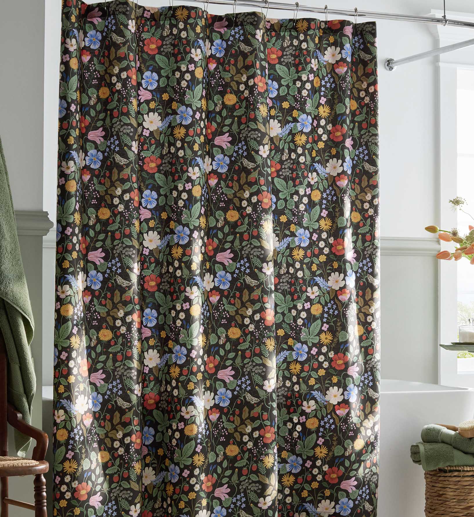 Cloverpaperco™ - Percale Shower Curtain - Strawberry Fields Black