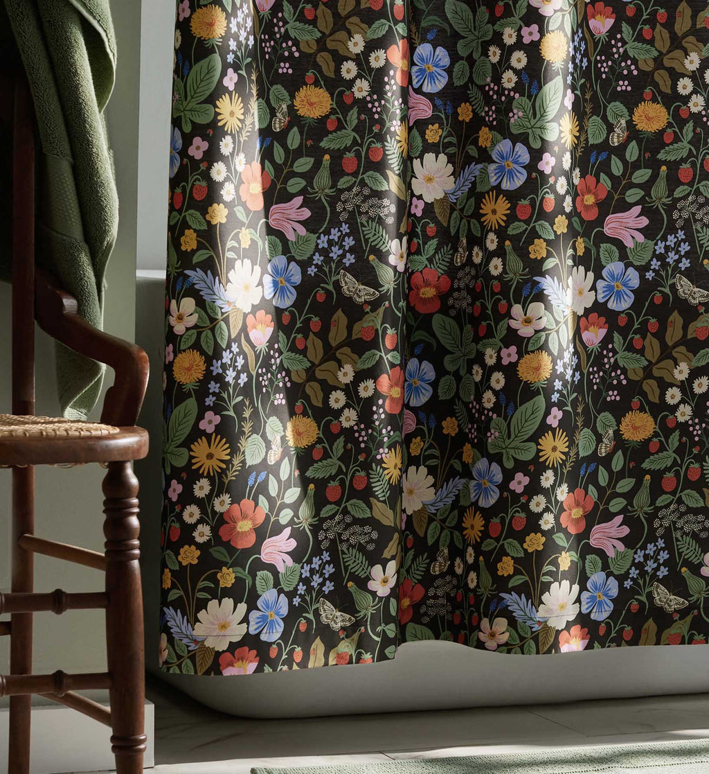 Cloverpaperco™ - Percale Shower Curtain - Strawberry Fields Black