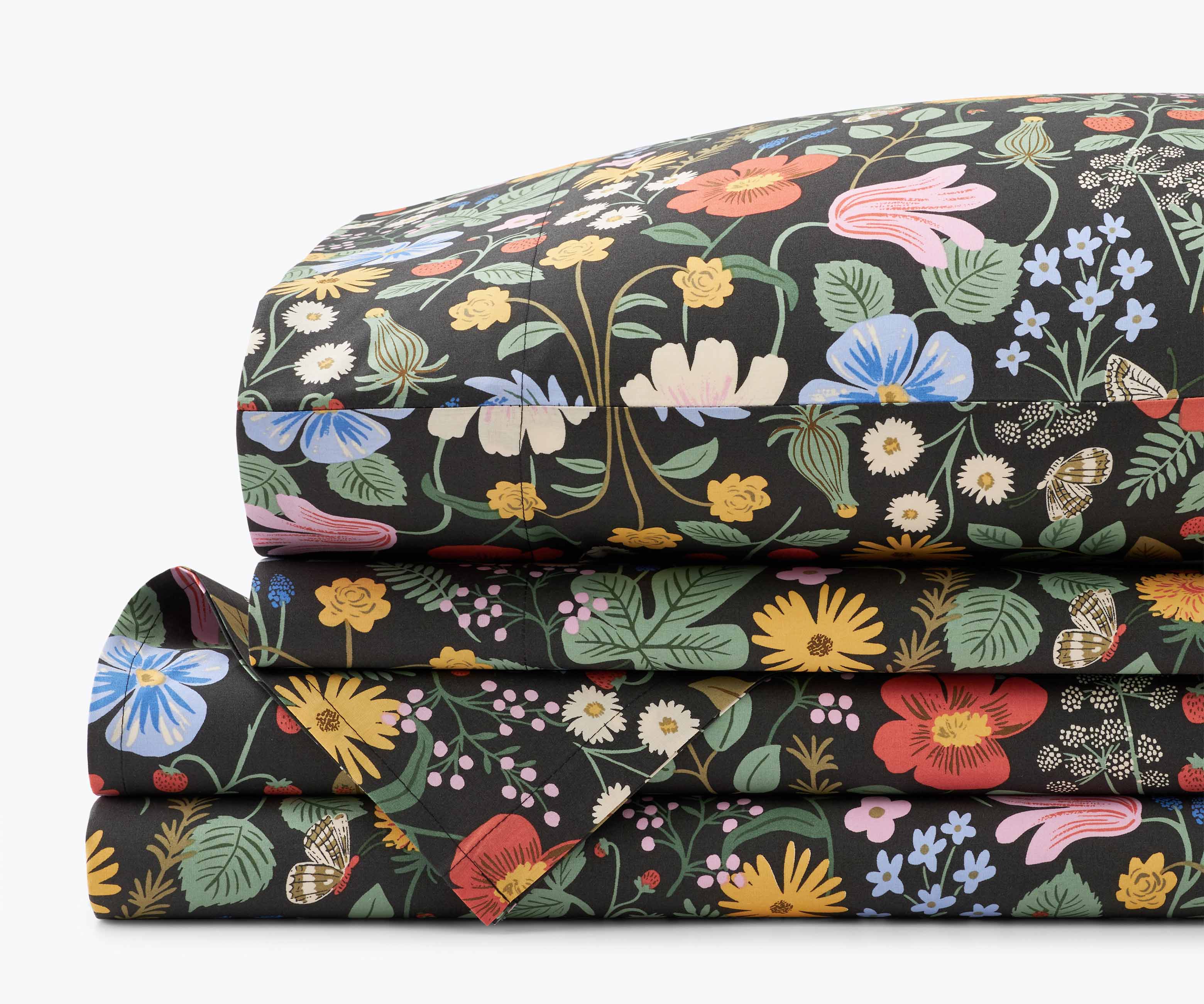 Cloverpaperco™ - Percale Sheet Set - Strawberry Fields Black