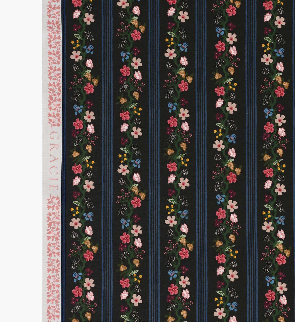 Cloverpaperco™ - Floral Trellis Stripe Cotton Fabric - Black