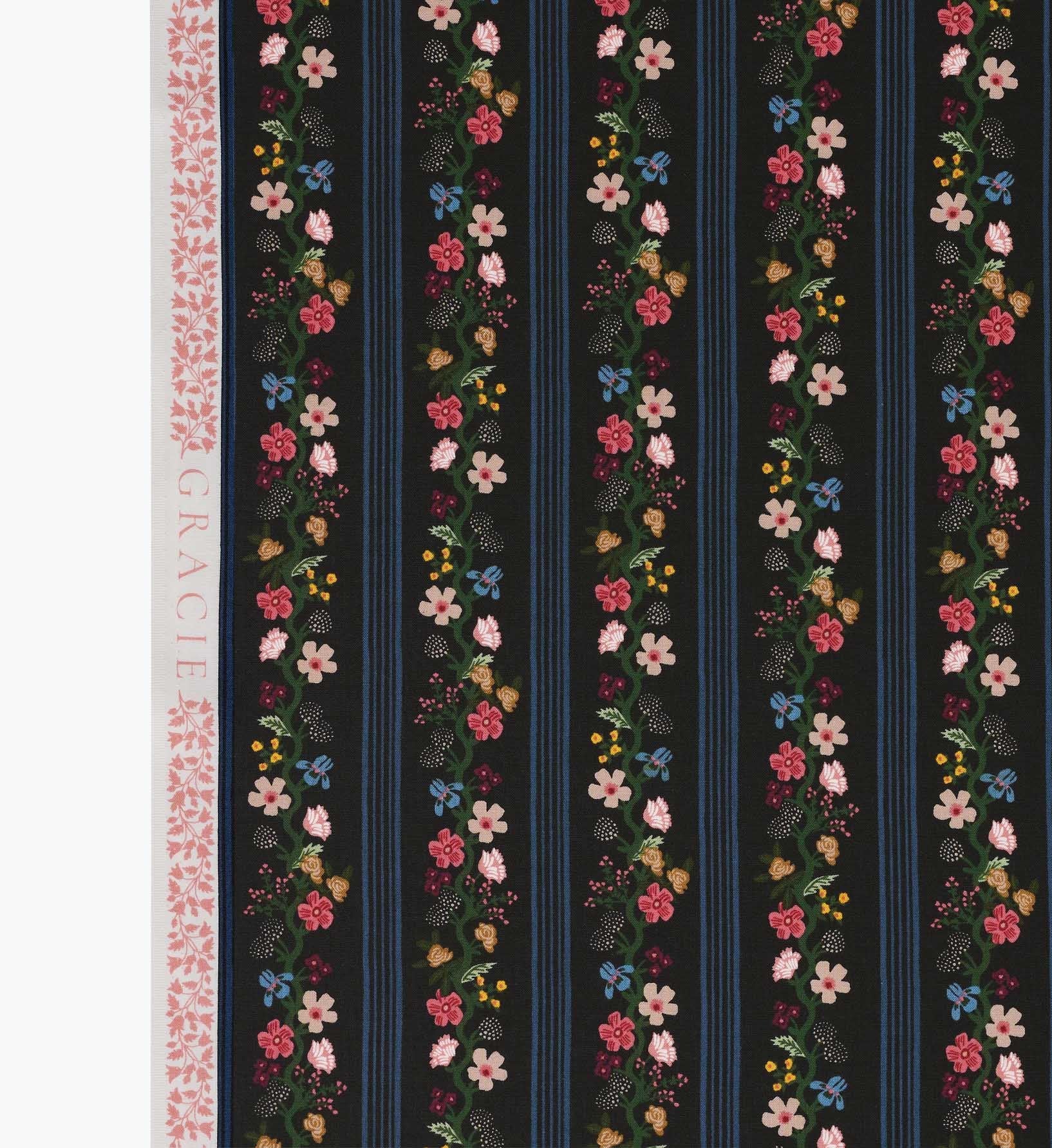 Cloverpaperco™ - Floral Trellis Stripe Cotton Fabric - Black