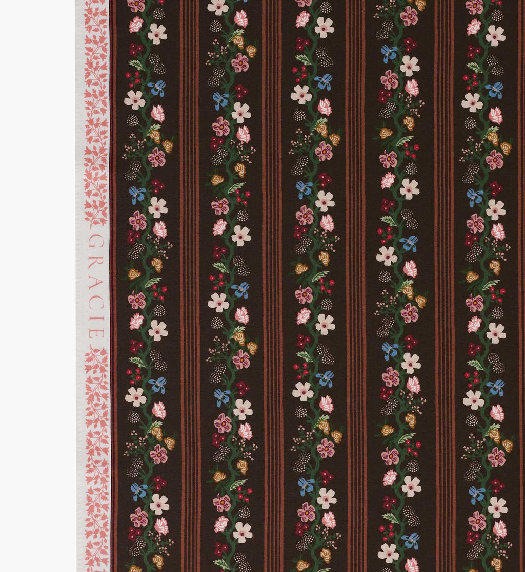 Cloverpaperco™ - Floral Trellis Stripe Cotton Fabric - Cocoa