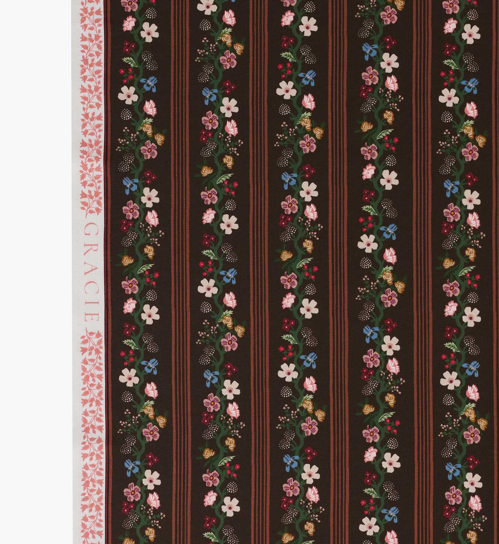 Cloverpaperco™ - Floral Trellis Stripe Cotton Fabric - Cocoa