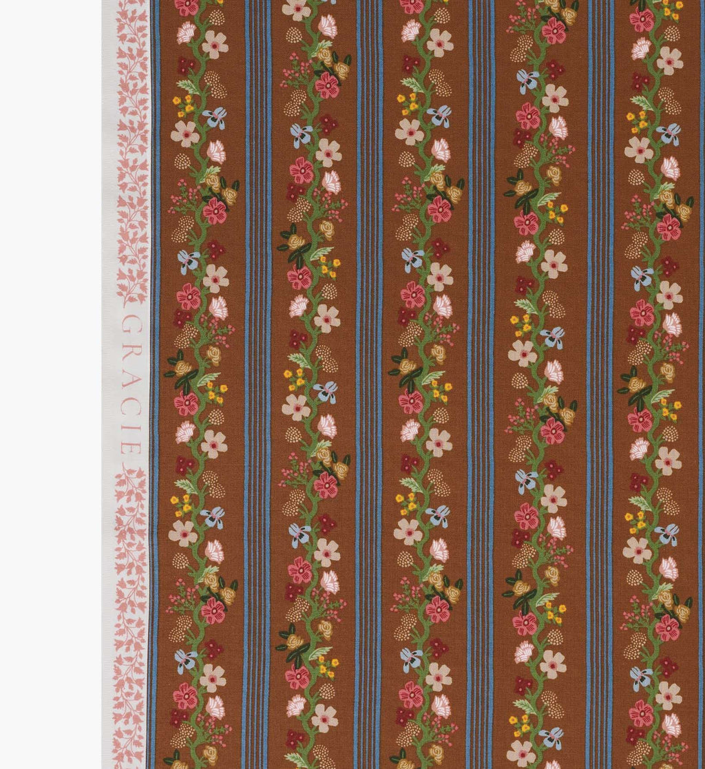 Cloverpaperco™ - Floral Trellis Stripe Cotton Fabric - Clay