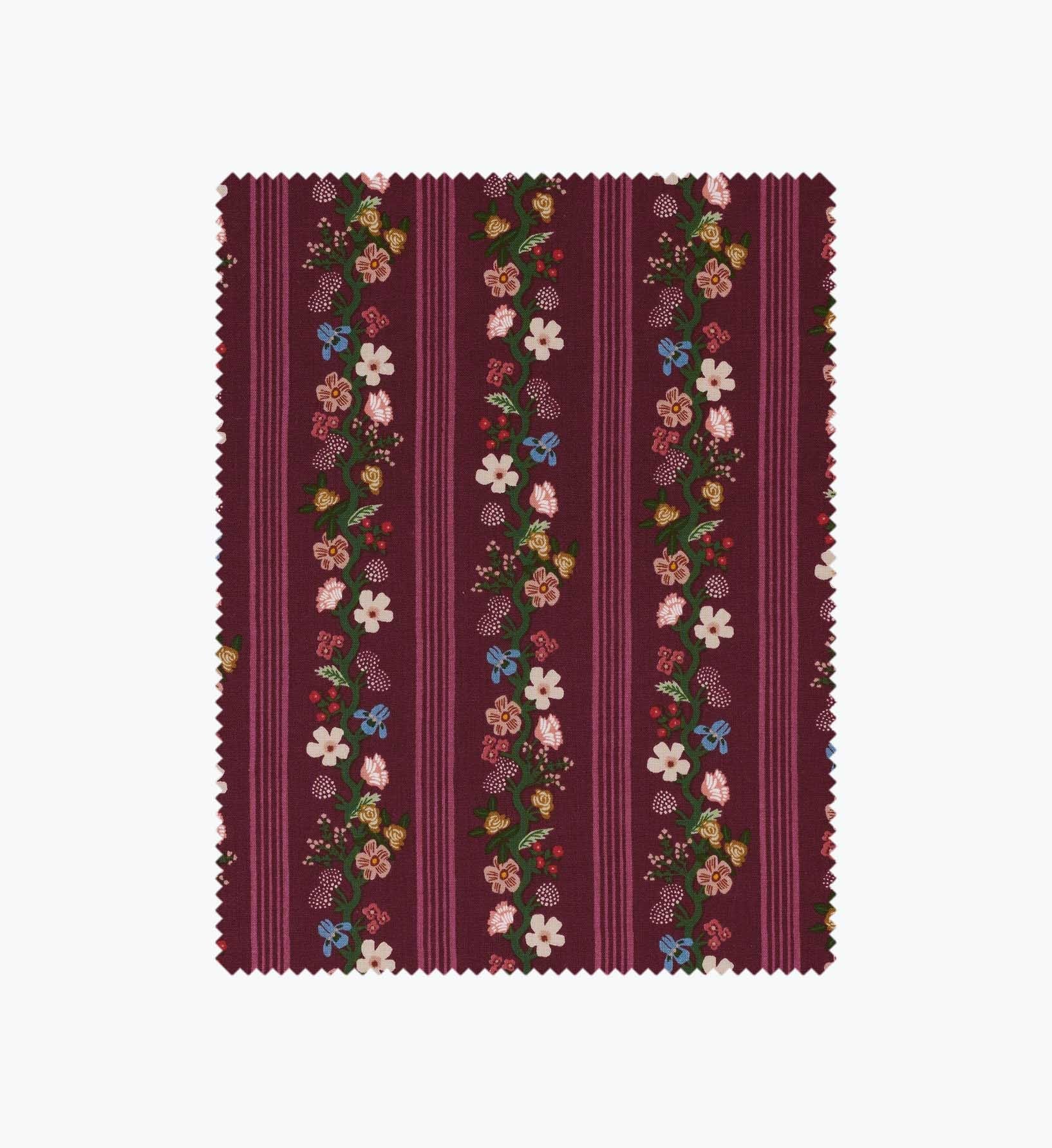 Cloverpaperco™ - Floral Trellis Stripe Cotton Fabric - Burgundy
