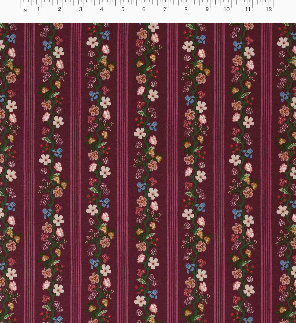 Cloverpaperco™ - Floral Trellis Stripe Cotton Fabric - Burgundy