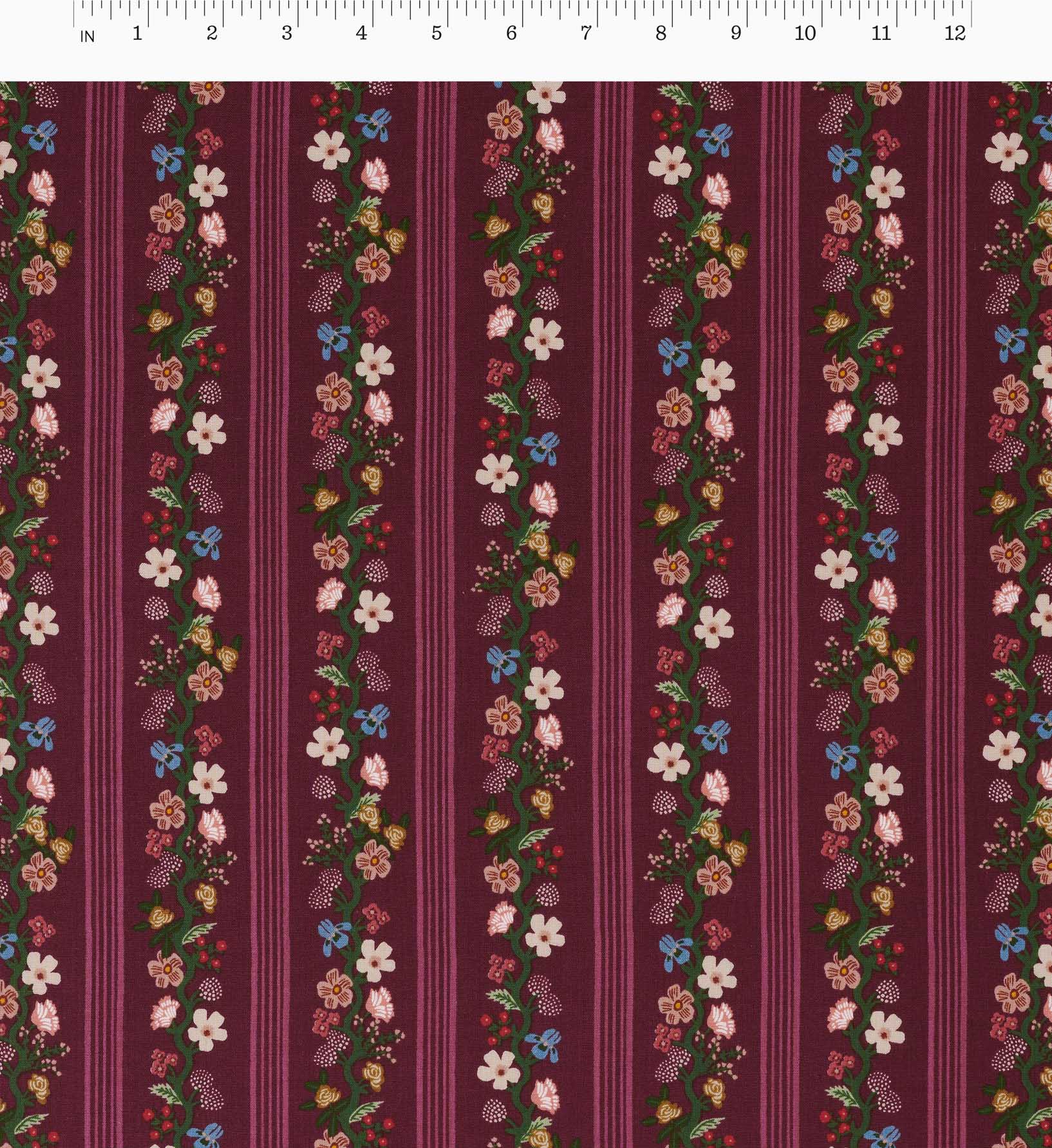 Cloverpaperco™ - Floral Trellis Stripe Cotton Fabric - Burgundy