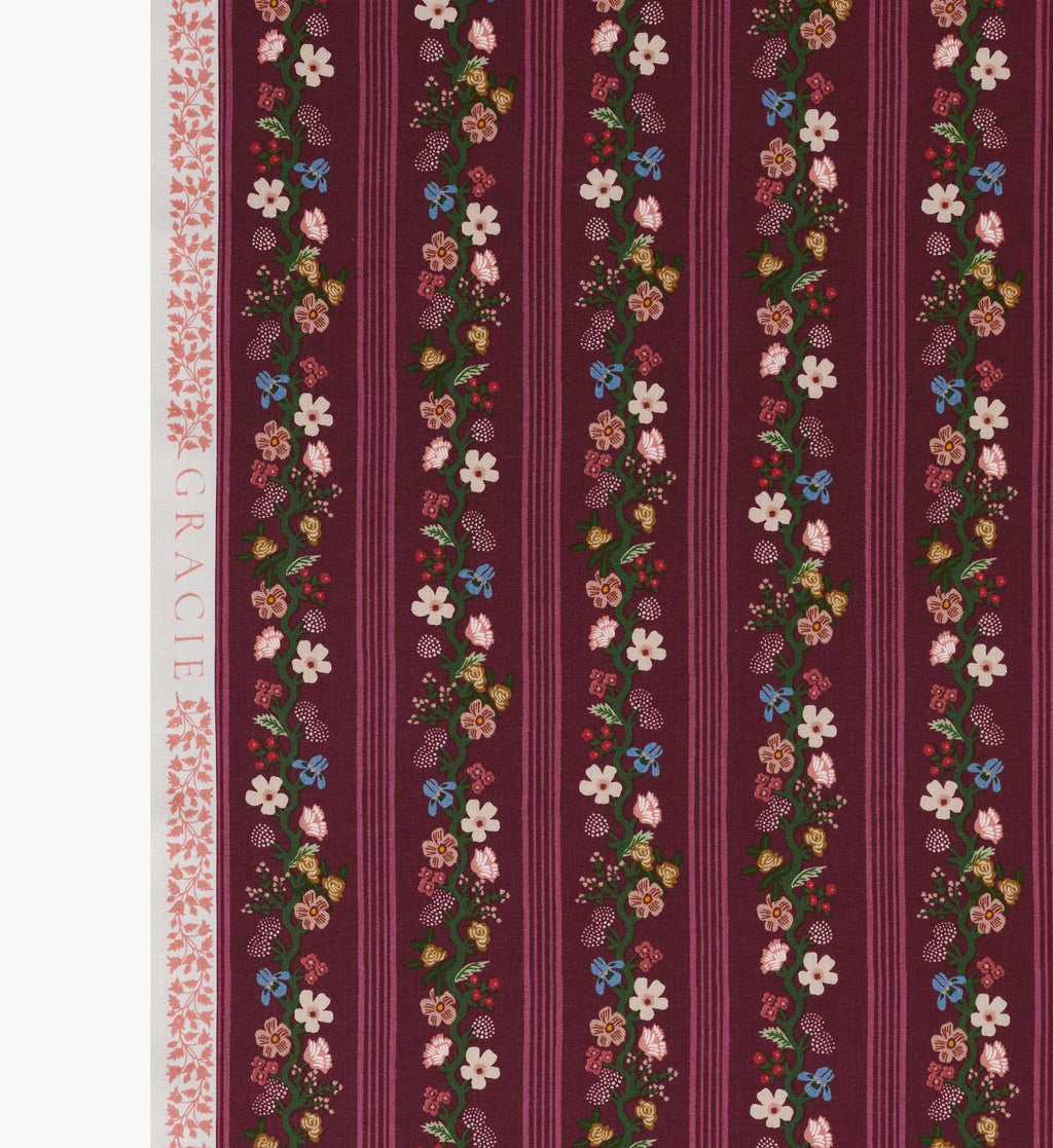 Cloverpaperco™ - Floral Trellis Stripe Cotton Fabric - Burgundy