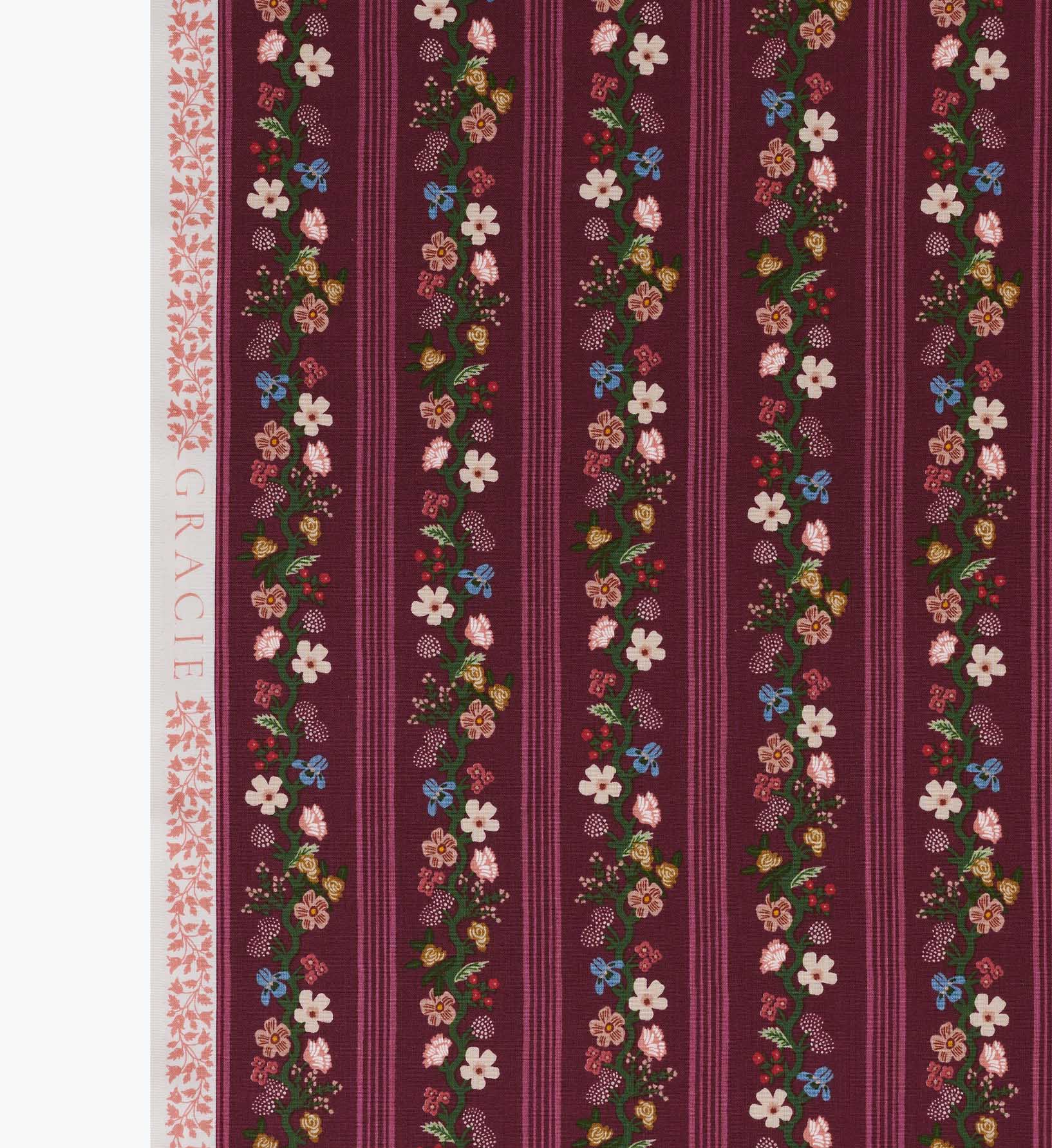 Cloverpaperco™ - Floral Trellis Stripe Cotton Fabric - Burgundy