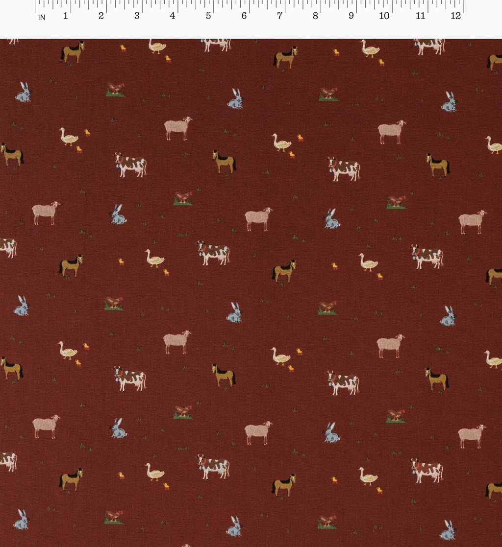 Cloverpaperco™ - Farm Animals Cotton Fabric - Crimson