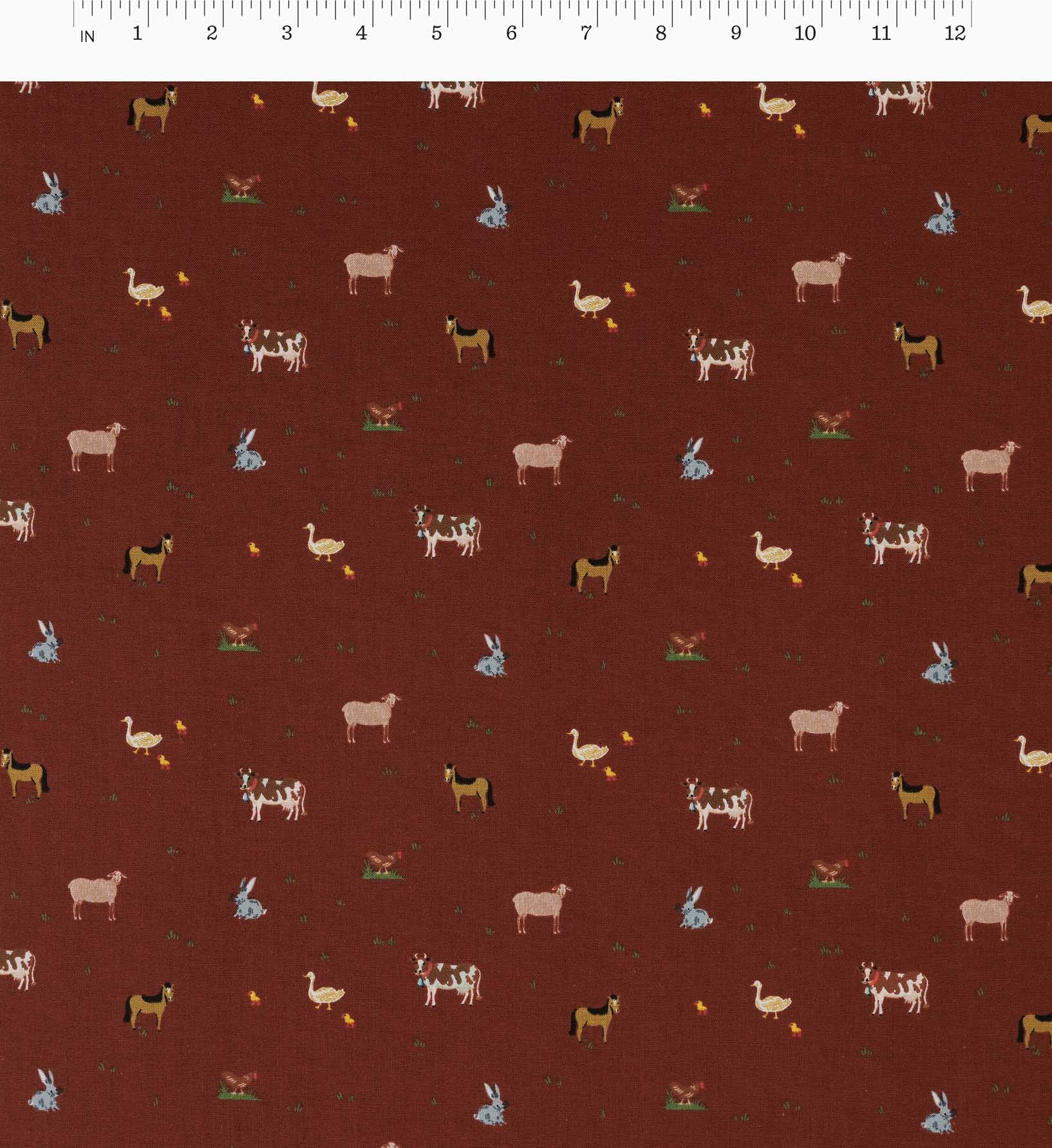 Cloverpaperco™ - Farm Animals Cotton Fabric - Crimson