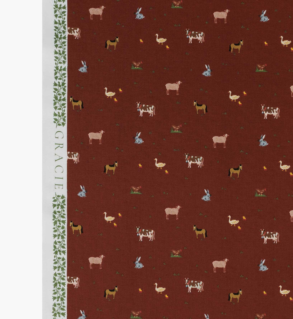 Cloverpaperco™ - Farm Animals Cotton Fabric - Crimson