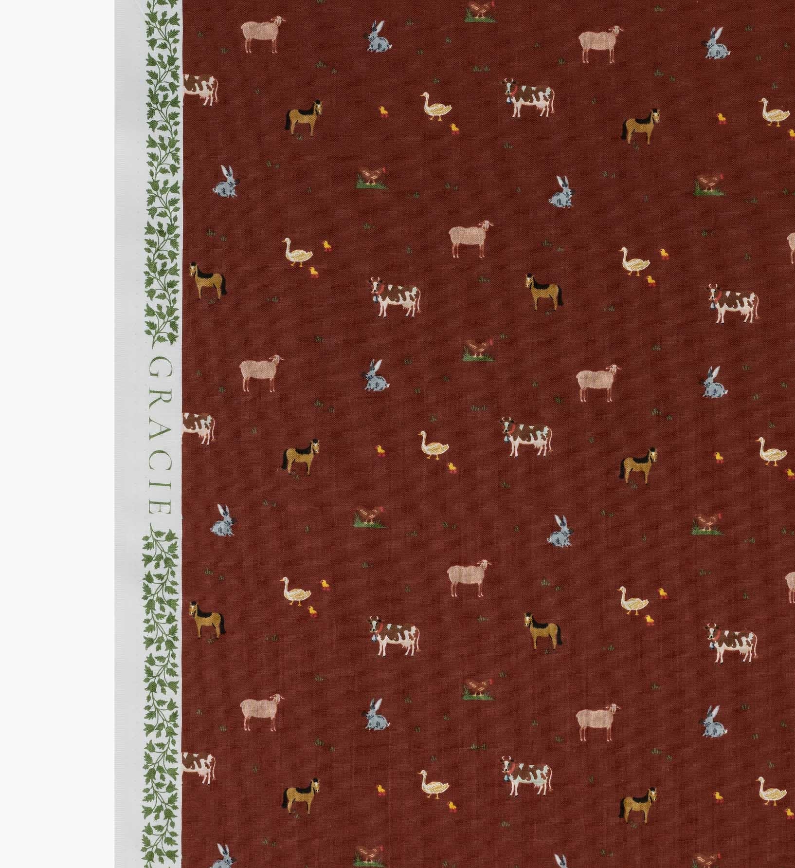 Cloverpaperco™ - Farm Animals Cotton Fabric - Crimson