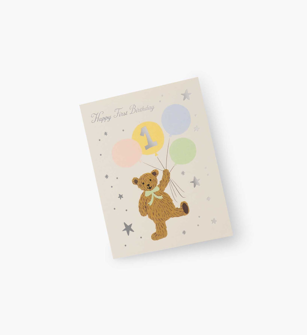 Cloverpaperco™ - First Birthday Bear Birthday Card - Single Card