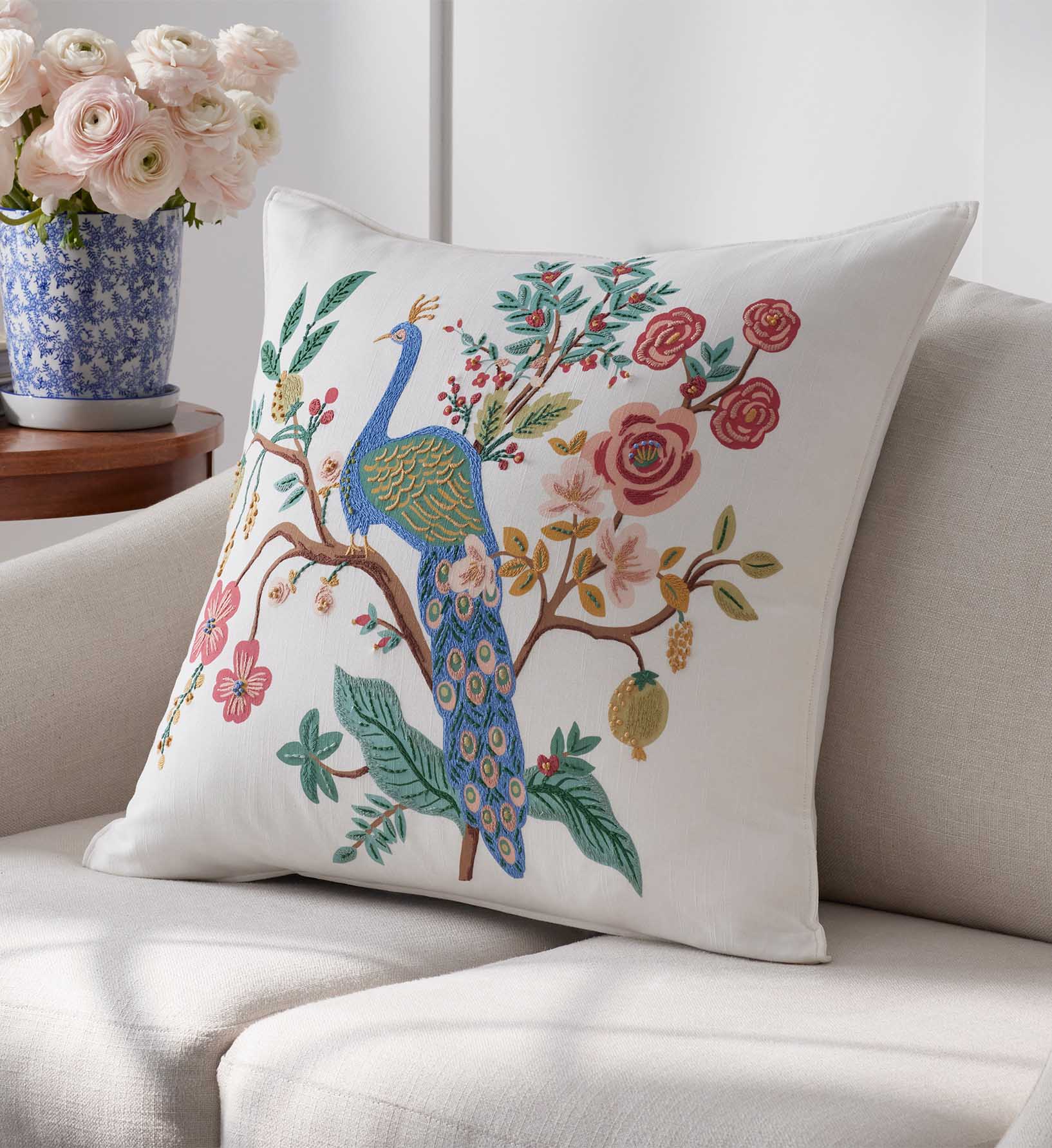 Cloverpaperco™ - Embroidered Pillow Cover - Peacock Ivory