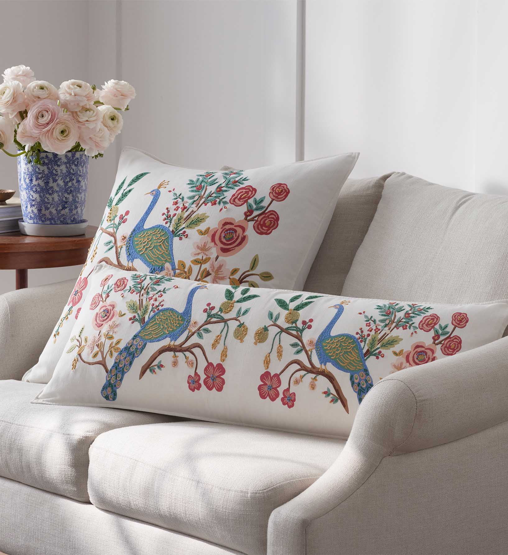 Cloverpaperco™ - Embroidered Pillow Cover - Peacock Ivory