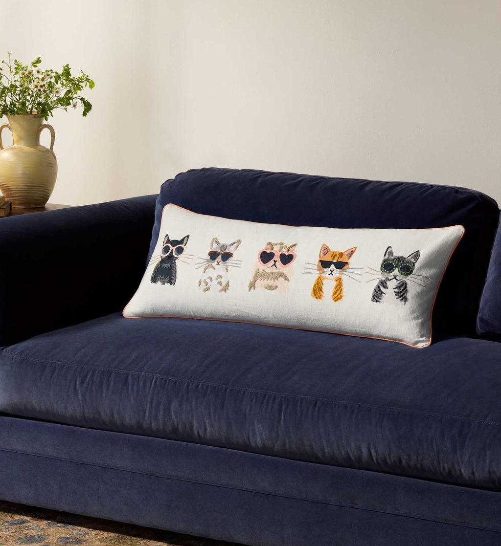 Cloverpaperco™ - Cool Cats Embroidered Lumbar Pillow - White