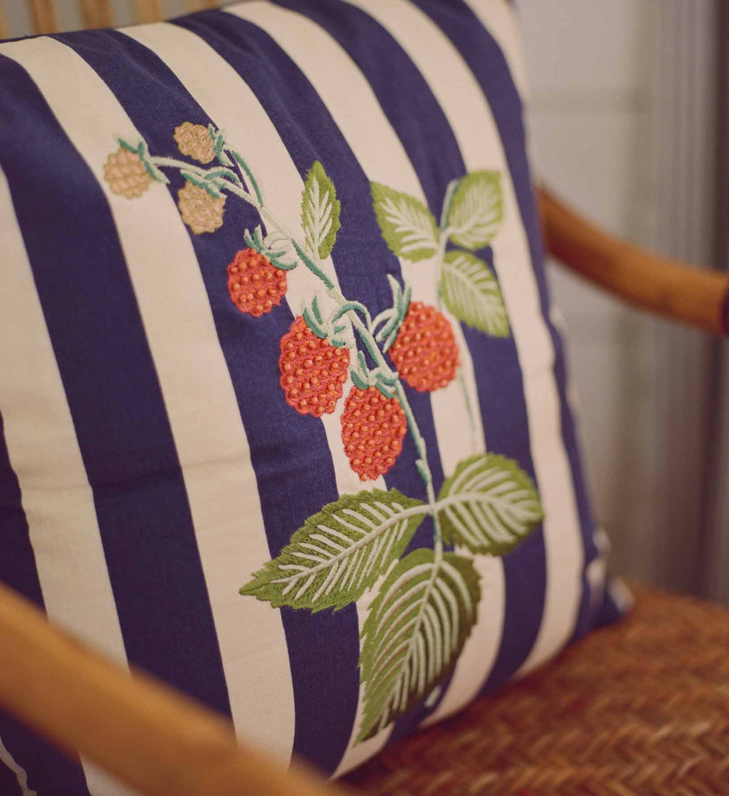 Cloverpaperco™ - Raspberries Embroidered Pillow - Navy