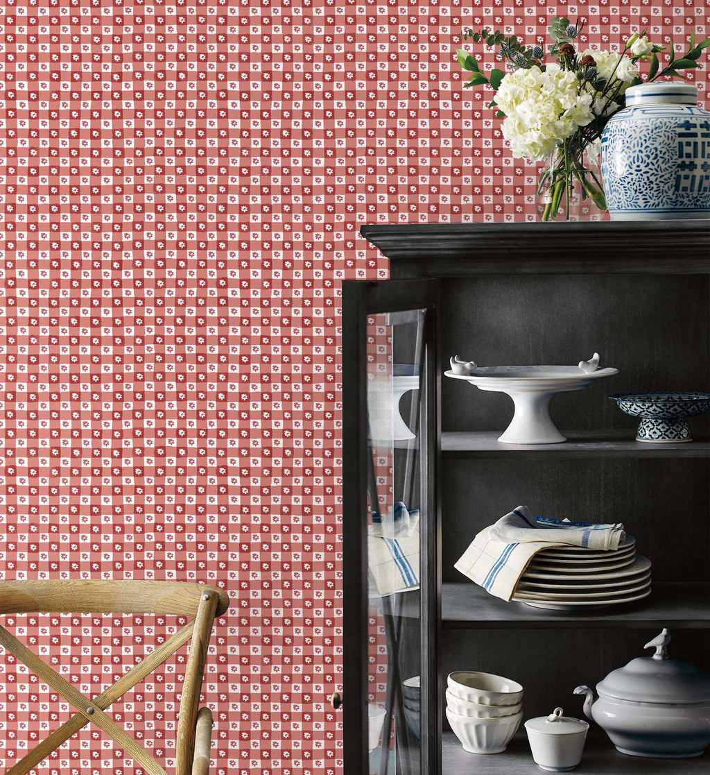 Cloverpaperco™ - Daisy Gingham Peel & Stick Wallpaper - Red
