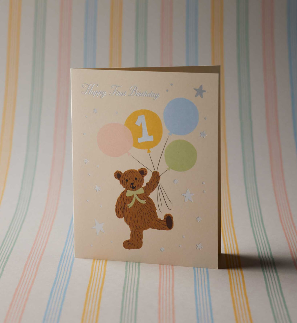 Cloverpaperco™ - First Birthday Bear Birthday Card - Single Card