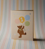 Cloverpaperco™ - First Birthday Bear Birthday Card - Single Card