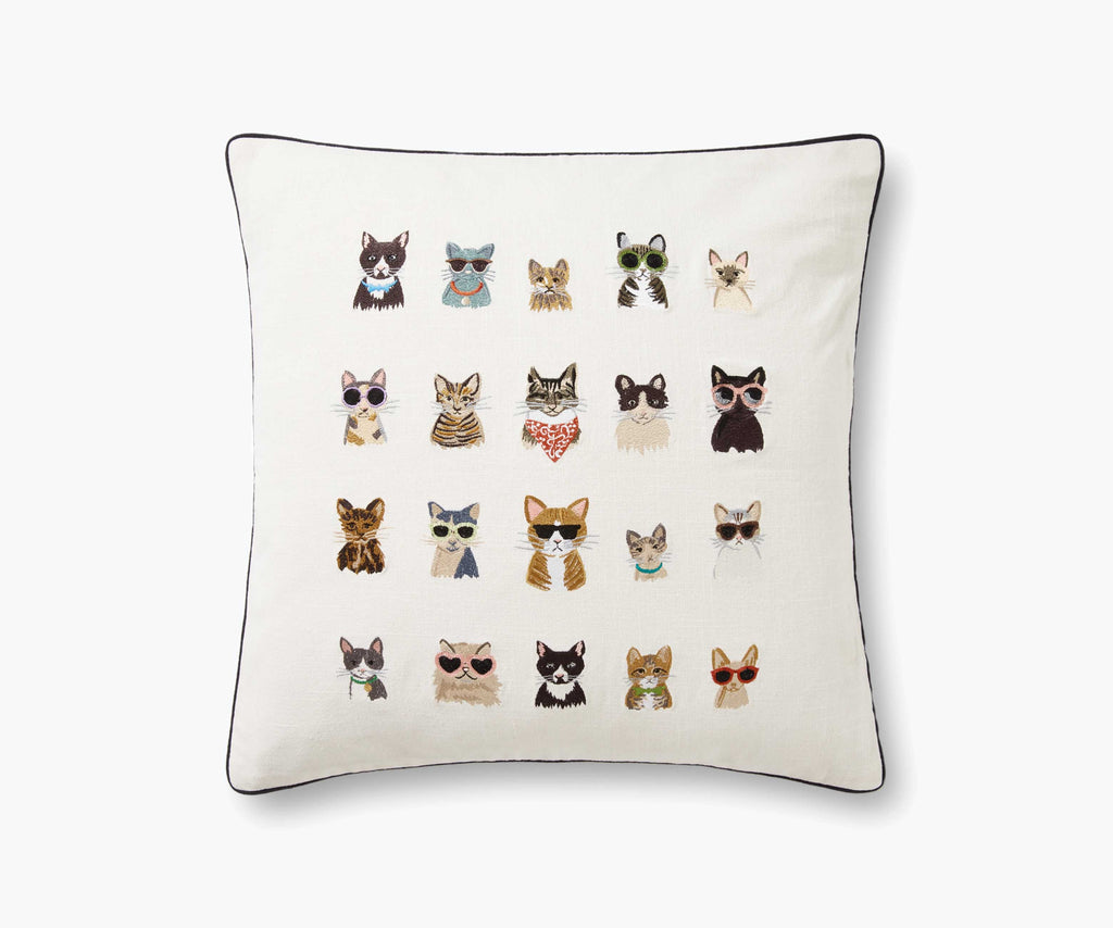 Cloverpaperco™ - Cool Cats Embroidered Pillow - Cream